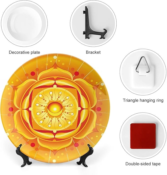 XISUNYA 7 Inch Decorative Plate, Lotus Porcelain Plate, Circular Journey Energetic Body Zen Life Symbol Print Ceramic Wall Hanging for Home Office Party Dinner Table Decor, Orange Yellow