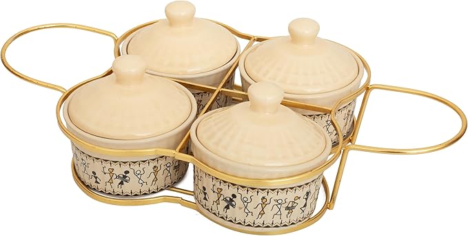 Set of 4 Ceramic Containers With Lid & Metal Rack - 5 Oz (150 ml) – Glazed Condiment Holders For Kitchen Counter, Food Storage Jars for Pickle, Dry Fruits, Sauces, Chutneys, Spices, Home Dining Decor