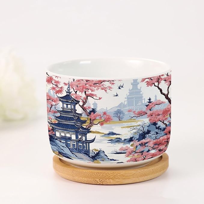 1 Piece Blue Asia Tiered Tower Coral Pink Flower Small Succulents Pots Chinoiserie Asian Flower Pot Planter with Drainage Holes Chinoiserie Garden Scenery Ceramics Planter
