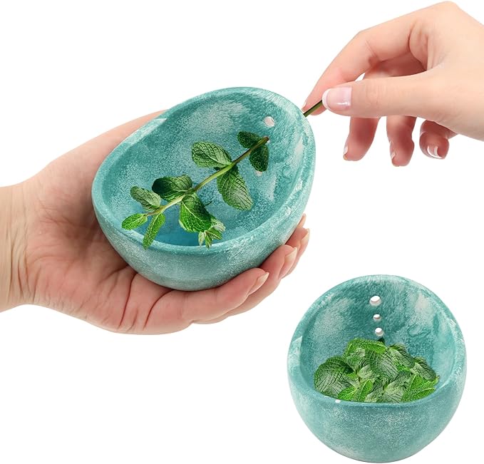 Pottery Herb Stripper Bowl, Handmade Ceramic Herb Peeling Cup with Different Hole Sizes for Separating Leaves and Stems (Blue)