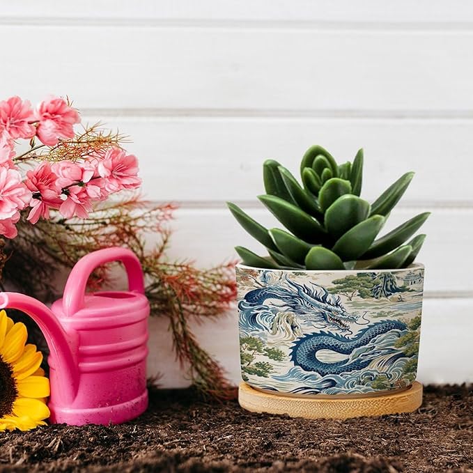 Trend Dragon Chinoiserie Asian Inspired Ceramic Planters With Saucers for Orchids, Succulents, Plants - Home Office Desk Garden Balcony New Home Decor