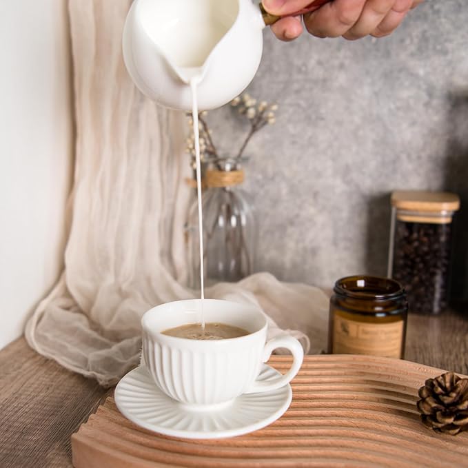 4 oz White Espresso Cups Set of 2, Ceramic Cappuccino Cups with Saucers, Durable Porcelain Tea Set & Modern Coffee Cup Collection, Coffee Lover Gifts