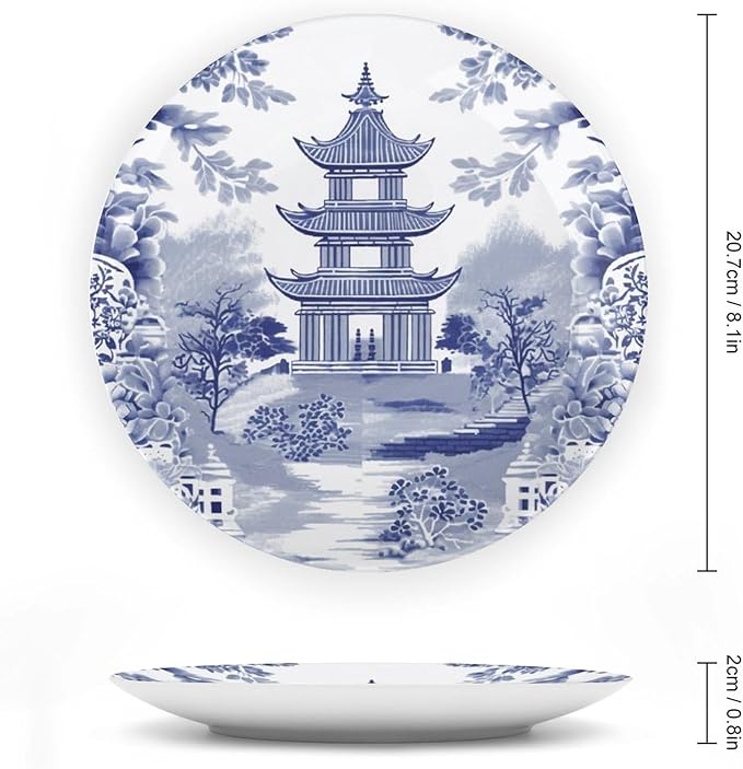 Chinoiserie Blue Asian Pagoda Ceramic Decorative Plate for Display Festival Art Decoration Supplies Home Wedding Holiday Party Decorations Customize Gifts for Men Women Anniversary, 6", 7", 9", 10"
