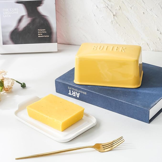 Porcelain Covered Butter Dish with Lid for Countertop Butter Holder Container for One Stick of Butter. Textured Tray Butter Keeper for Non Slip Storage-Yellow