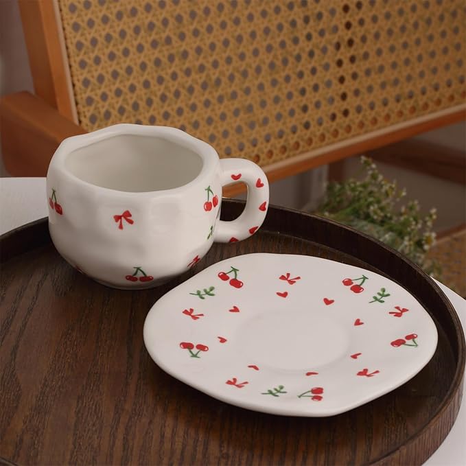 TREEWOO Hand Painted Cherry Ceramic Coffee Cup and Saucer Set, 300ml/10 oz, Korean Style, Hand Pinched Irregular Cappuccino Latte Tea Cup