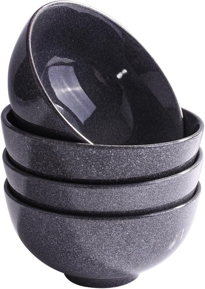 Modern Gray Porcelain Rice Bowls, 4.5 Inch Diameter, Set of 4, Traditional Asian Style Dining Bowls