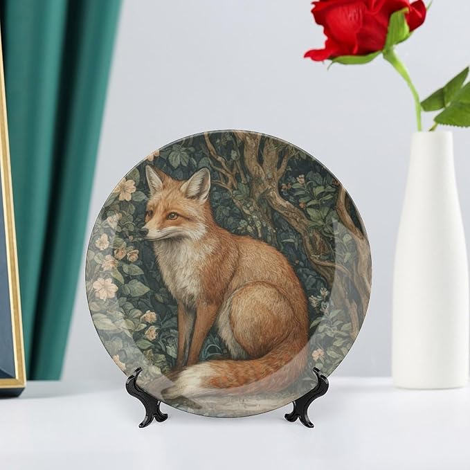 William Morris Style Forest Fox China Plates for Display Fox in Forest Garden Floral Wall Housewarming Gifts Supplies Home Festival Holiday Party Decorations Personalized Gifts Christmas