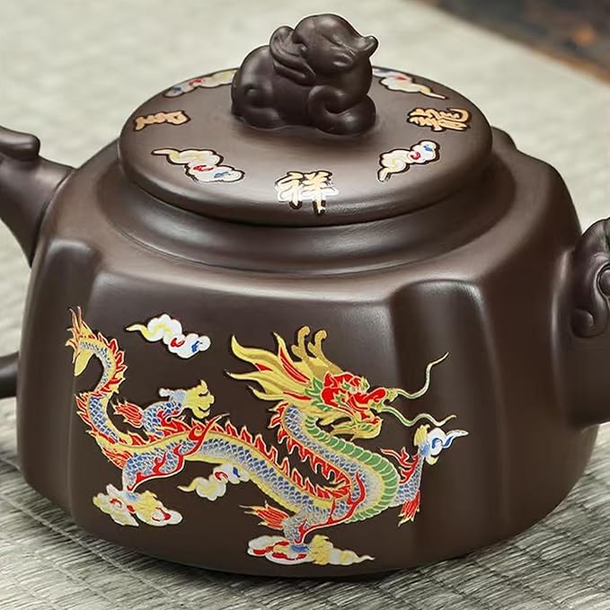Zisha Tea Set, Chinese Tea Set with Gift Package, Suitable for Father's Day, Mather's Day, Birthday, Christmas Gifts (Square Dragon)