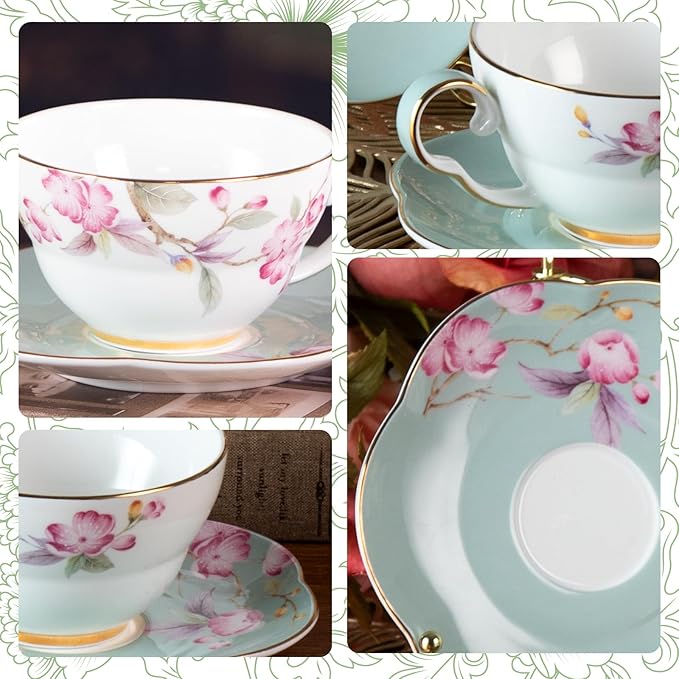 KAMMAK Ceramic Coffee Cups Saucers Set of 2, Porcelain Espresso Cups with Saucers, 5.41 oz Handmade Elegant Bone China Tea Cup, Ceramic Floral Pattern Demitasse for Latte, Americano, Cappuccino