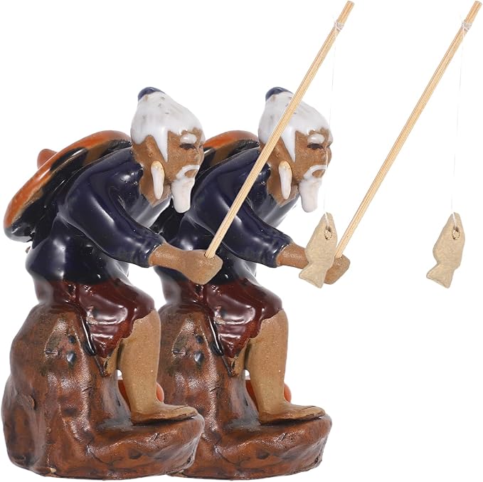LUOZZY 2 Pcs Mini Fisherman Figurines Ceramic Fishing Statue Micro Landscape Ornament Asian Pottery Sculpture for Bonsai Zen Garden Decor