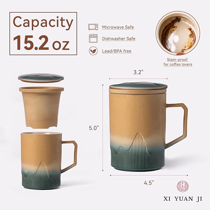 Ceramic Tea Mug with Infuser & Lid, 15oz Kiln-Transformed Unique Cup – Nature's Artisan Design, Loose Leaf Tea Cup with Infuser, Insulated Ceramic Coffee Mugs with Lid, Gift for Women/Men