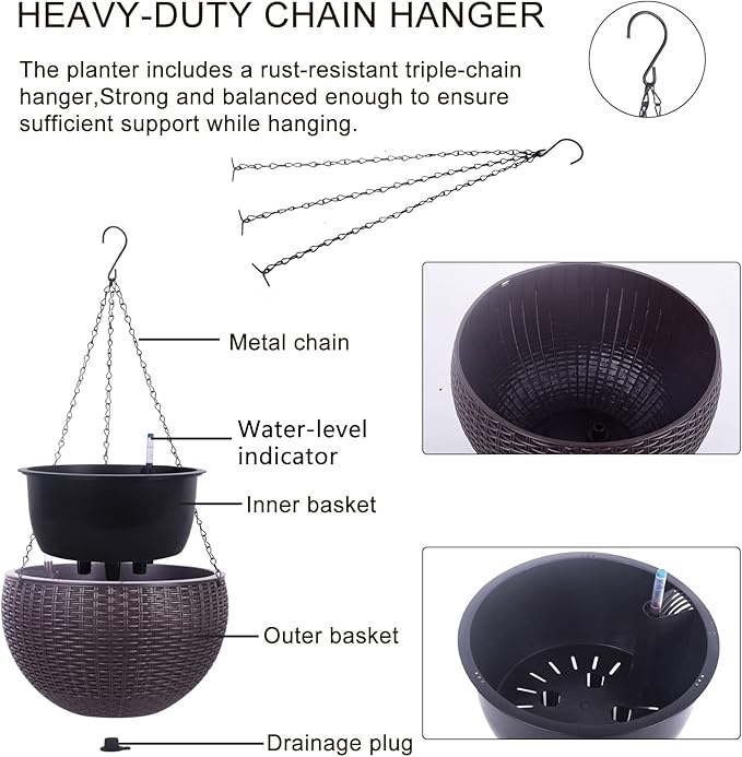 Vencer 11 Inch Round Resin Rattan Hanging Planters,Self Watering Hanging Basket for Indoor Outdoor Plants,Hanging Flower Pots with Drain Hole and Metal Chain,Water Indicator,Coffee,VF-A15-C