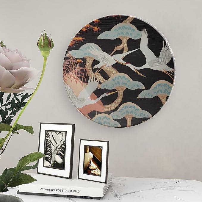 Japanese Crane Asian Oriental Birds China Plates, Custom Heron Floral Autumn Leaves Branch Ceramic Salad Plates, Housewarming Gifts Art Decoration Decorations Club, Unique Art with Stand
