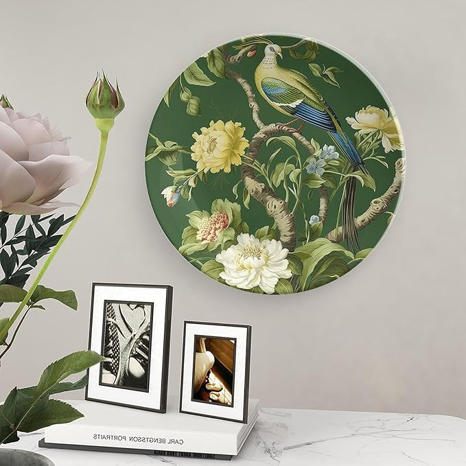 Decorative Plate Pagoda Garden Imperial Green Chinoiserie Peacock Custom Decor for Housewarming Gifts Wedding Club Kitchen Wall Art Hanging Plate Unique Art with Stand, Gifts for Men Women