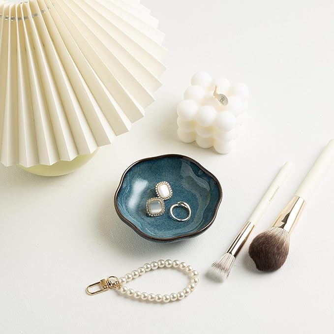Ceramic Ring Dish Flower Jewelry Holder Dish Cute Jewelry Dish Tray Trinket Dish Small Decorative Tray Key Bowl Room Decor Aesthetic for Mom Best Friend Sister (blue)