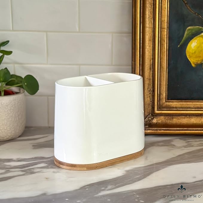 DAILY RITMO® White Large Oval Utensil Holder with Bamboo Wooden Base