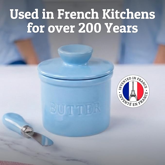 PriorityChef Butter Crock with Lid with Water Line, Ceramic French Butter Dish to Leave On Counter, Light Blue