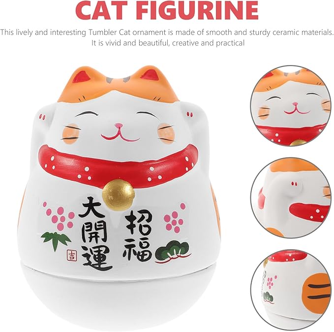 KICHOUSE Ceramic Maneki Neko Figurine Cat Tumbler Ornament with Orange Ears Small Desktop Lucky Cat Decor for Home Office Feng Shui