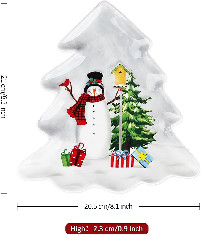 Joeyan Christmas Ceramic Dinner Plates,8.3" Xmas Tree Shaped Serving Plate Dishes with Festive Holiday Snowman Patterns,Dinnerware for Dessert Salad Appetizer,Microwave and Dishwasher Safe