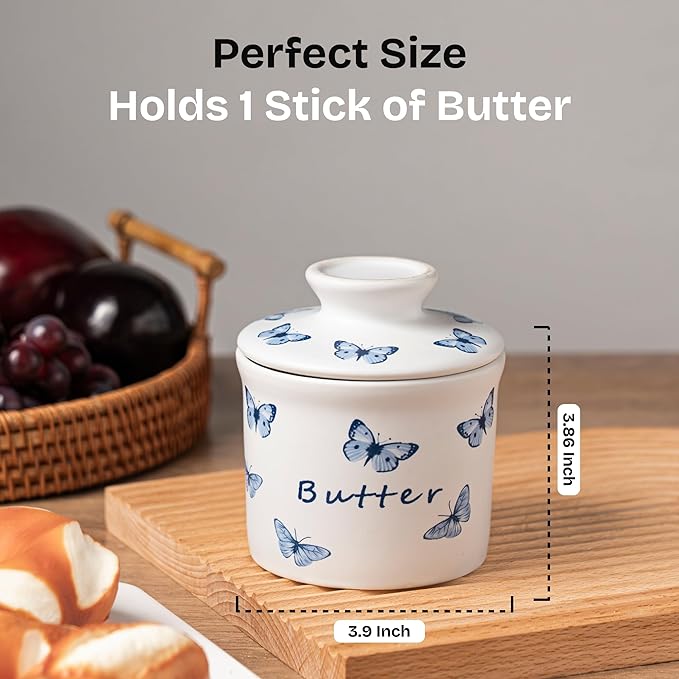 Stoneware Butter Crock with Lid, Ceramic Butter Dish with Water Line, Countertop Butter Keeper, Butter Holder for Countertop, Butterfly