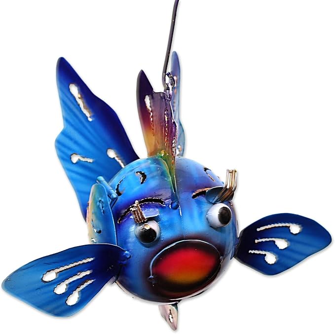 NOVICA Artisan Handmade Steel Hanging Tealight Holder Fish from Bali Blue Indonesia Lamps Lighting Candle Holders Animal Themed [9in H x 7.5in W x 6.25in D] ' Bright Fish'