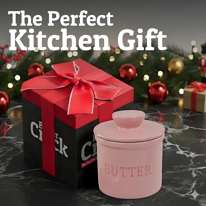 PriorityChef Butter Crock with Lid with Water Line, Ceramic French Butter Dish to Leave On Counter, Pink