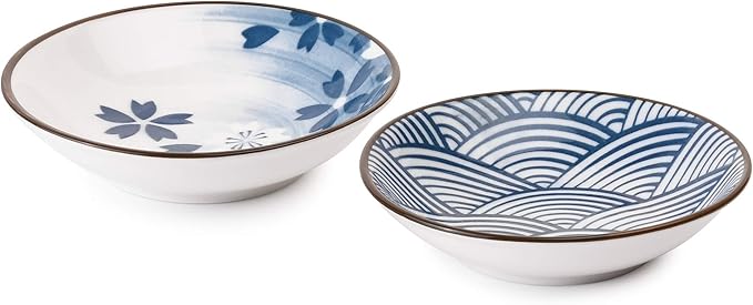 Beautyflier Set of 4 Ceramic Sauce Dish Soy Sauce Dipping Bowls Appetizer Plates Side Dishes Serving Dish Japanese Style Dinnerware Set (WAVE&SAKURA(3.75inch))