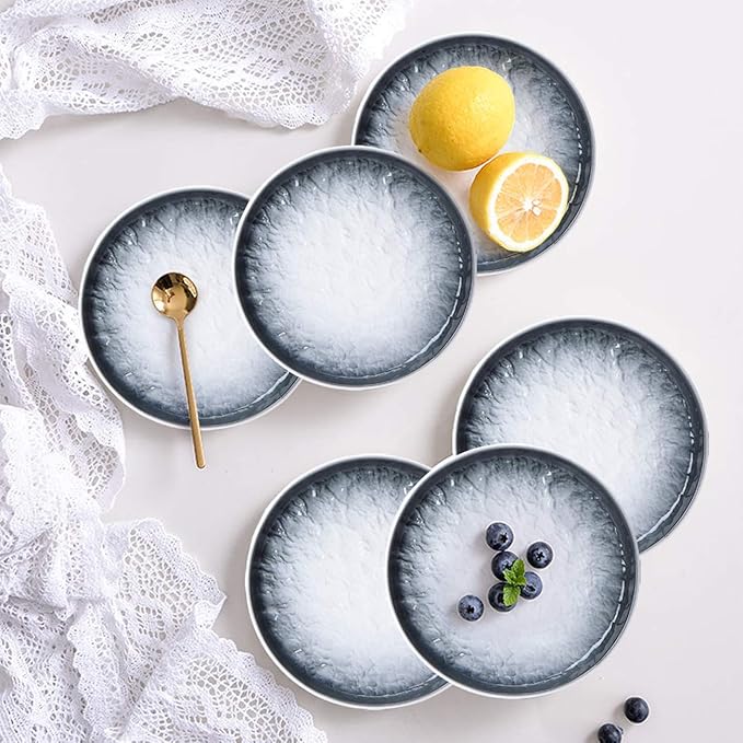 Eglaf 6'' Ceramic Small Appetizer Plates - Porcelain Gradient Water Wave Embossed Texture - Dessert Plates for Tea Party, Cake, Ice cream, Waffles, Apple Pie, Snacks (Set of 6 - Gray)