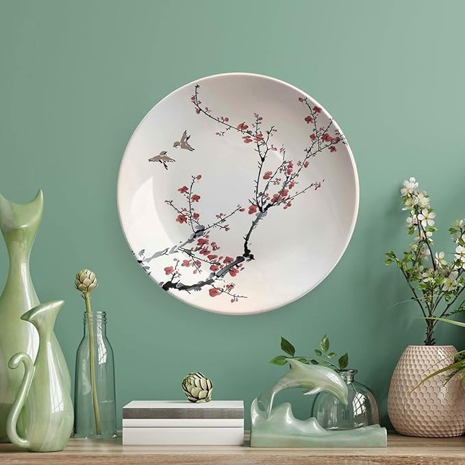 10 Inch Decorative Plate,Japanese Decor Ceramic Craft, Cherry Branches Flowers Buds and Birds Asian Print Ornament Display Plate for Dining Table Setting, Wedding Decorations, Christmas Tablescape