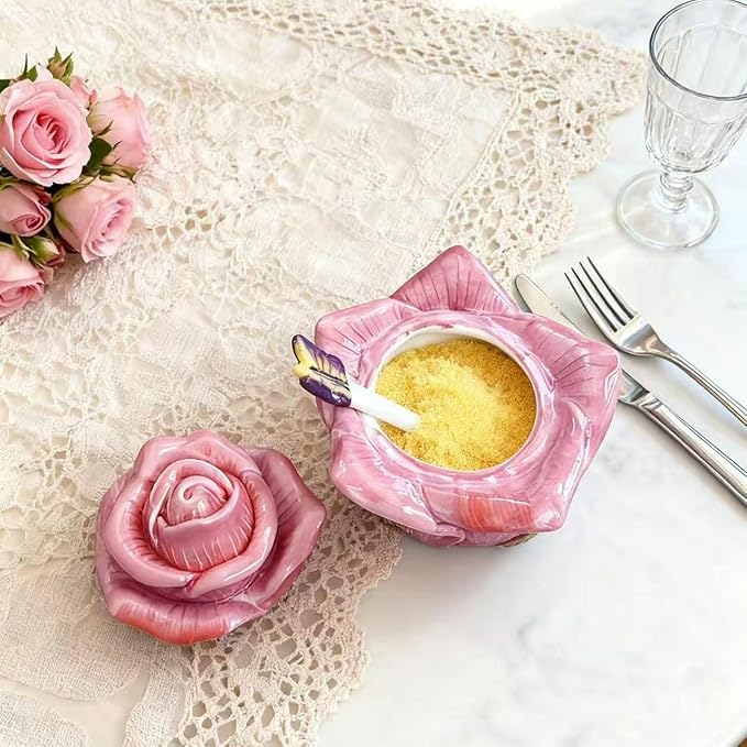 Ceramic Rose Spice Jars - 3D Hand-Sculpted & Hand-Painted Condiment Pots for Salt, Sugar, Pepper (Fuchsia)