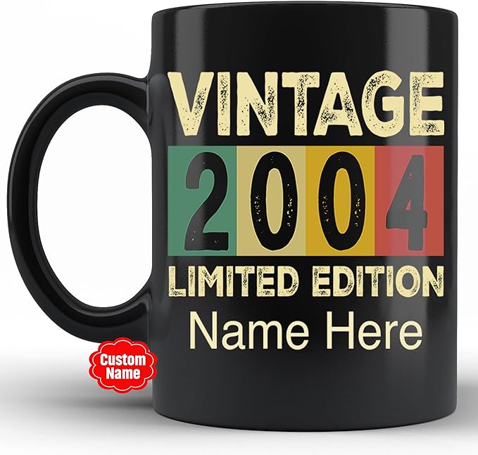 PREZZY Vintage 2004 Limited Edition 19th Birthday Decorations Personalized Gifts for Women Men Mothers Day Fathers Day Gift 19 Year Old Birthday Mug Customized Name Ceramic Black Tea Cup 11oz 15oz