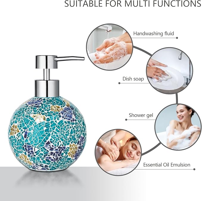 Handmade Blue Mosaic Glass Bathroom Accessory Sets 4PCS Bathroom Accessories Set Complete Includes Lotion Dispenser Toothbrush Holder Tumbler Cup & Soal Dish