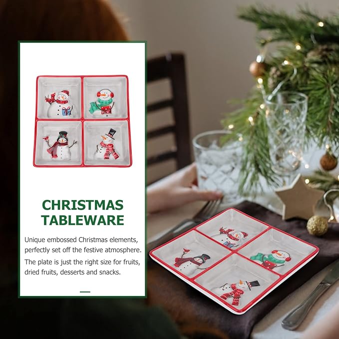 DOITOOL Christmas Ceramic Serving Dish Snowman Snack Appetizer Tray Dessert Platter Square Divided Serving Platter for Xmas Holiday Dining Table Decoration - 7.66 x 7.66 x 1.18inch