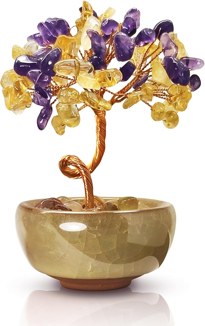 Amethyst Citrine Crystal Tree,Dual Color Art Decor with Copper Wire Sculpture in Crackle Base,Imagination Gift