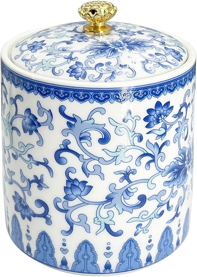 Vintage Blue and White Salt Cellar with Lid - Airtight Ceramic Spice Jar, Kitchen Countertop Storage Container for Salt, Pepper & Seasonings