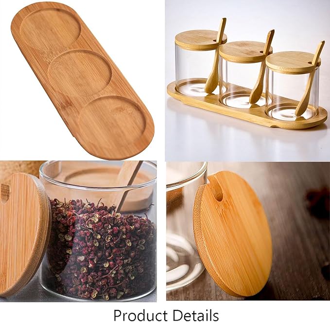 3 Pack Salt Container Clear Glass Spice Jar with Acacia Wooden Lid and Spoon, Condiment Containers with Lids Classic Style, Kitchen Storage Container