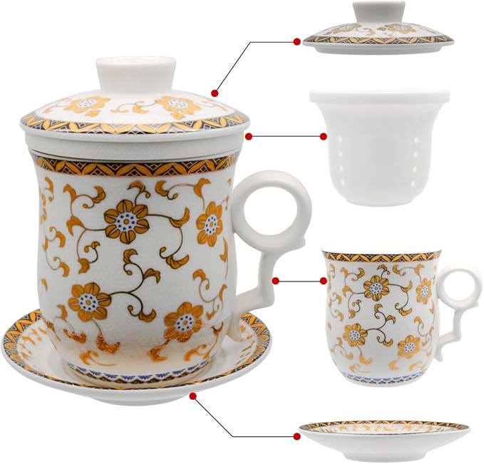 Porcelain Tea Cup with Infuser Lid and Saucer Sets - Chinese Jingdezhen Ceramics Coffee Mug Teacup Loose Leaf Tea Brewing System for Home Office