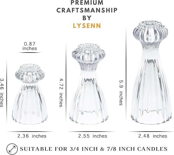 Lysenn Glass Candle Stick Holder Set of 3 – Premium Taper Candle Holders for Romantic Ambiance - Candle Sticks Holder Decor for Special Occasions - Iridescent
