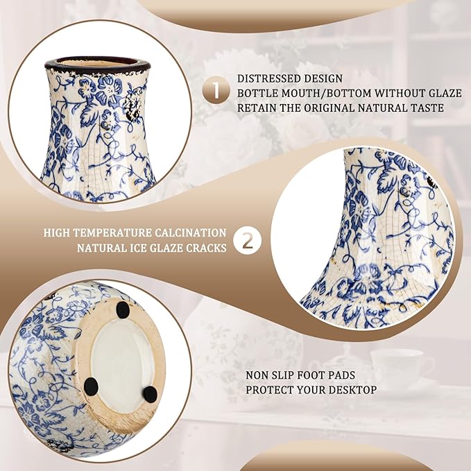 LemonRoad Vintage Ceramic Flower Vase 5.7 Inch Chinoiserie Ice Cracked Glaze Porcelain Vase Rustic Ceramic Large Centerpieces for Home Table Living Room Bookshelf Office(Orchid Style)