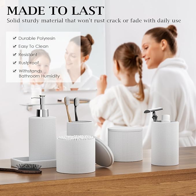 6-Piece White Bathroom Set - Mesh Textured Resin Bathroom Accessories Set with Soap Dispenser, Toothbrush Holder, Cup, Vanity Tray & Apothecary Jars for Small Spaces