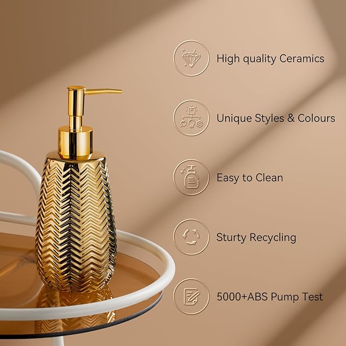 Gold Soap Dispenser,Wavy Design Ceramic Lotion Soap Dispenser for Bathroom, Kitchen, Hand Soap, Dish Soap, Bathroom Countertop