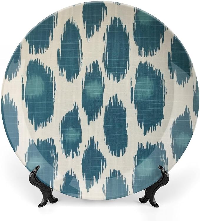 Vintage Plates Blue Ikat Customize Decor for Kitchen Art Decoration Home Wall Ceramic Craft for Decorative Ornaments 1 Plate with 1 Display Stand, Multi Sizes by Choosing, Gifts for Men Women