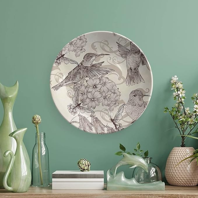 XISUNYA 6 Inch Decorative Plate, Hummingbirds Ceramic Stoneware, Birds and Flowers Monochromic Classical Print Ceramic Wall Hanging for Home & Office Wall Hanging Decor