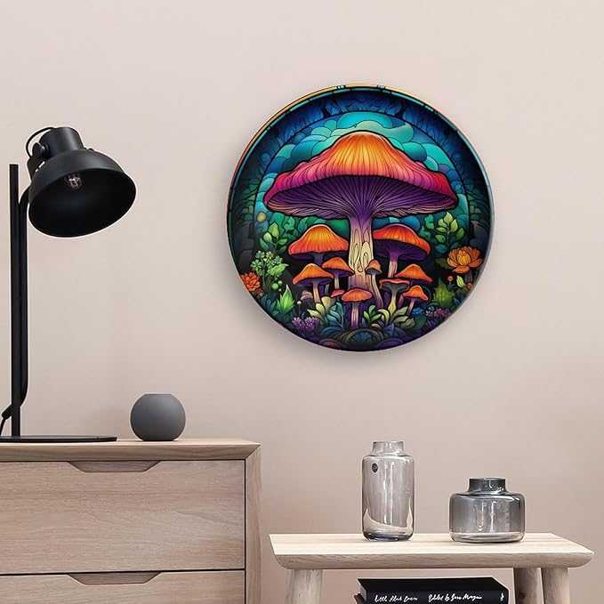Decorative Plates, Forest Mushroom Stained Glass Painting Ceramic Dinner Plate Home Wobble-Plate with Display Stand, Wall Hanging Decor for Kitchen Household 10 Inch, Gifts for Mushroom Lovers