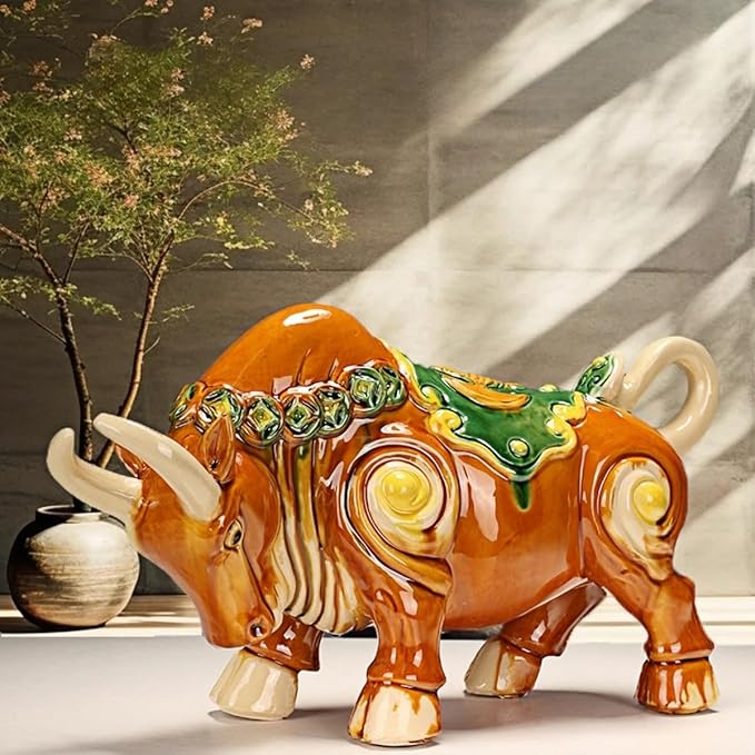 Home Decoration Sculpture Ceramic Struggling Bull Sculpture Asian Art Decoration Collection Ornaments - Yellow