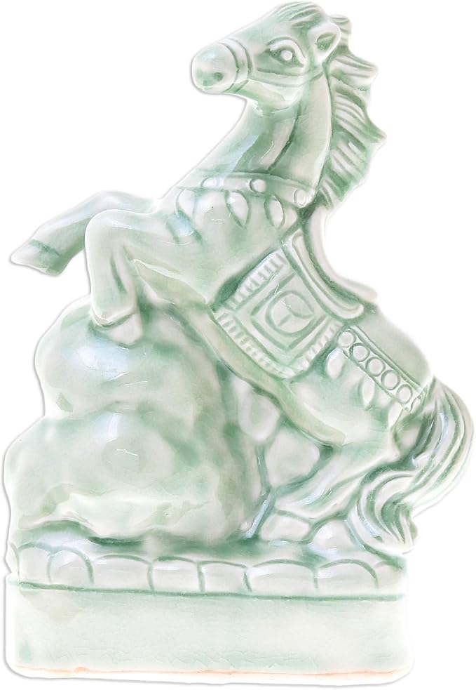 NOVICA Artisan Handcrafted Celadon Ceramic Sculpture Horse in Thailand Green Animal Themed East Meets West Cultural [6.5in H x 4.9in W x 2.8in D] ' Lucky Horse'