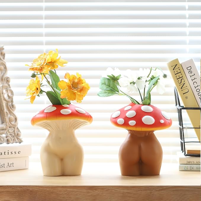 GUGUGO Mushroom Lady Body Vase for Flower, Funky Mushroom Decor, Eclectic Lady Form Butt Vases for Flowers, Unique Cute Face Head Room Decor Aesthetic for Modern Home, Gradient Head & Ivory Body
