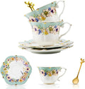 TATSUMI Country Roses Bone China Tea Cup and Saucer Set, 6 Pieces, Vintage Style, For Women and Tea Parties(Dutch Blue,2 Sets)