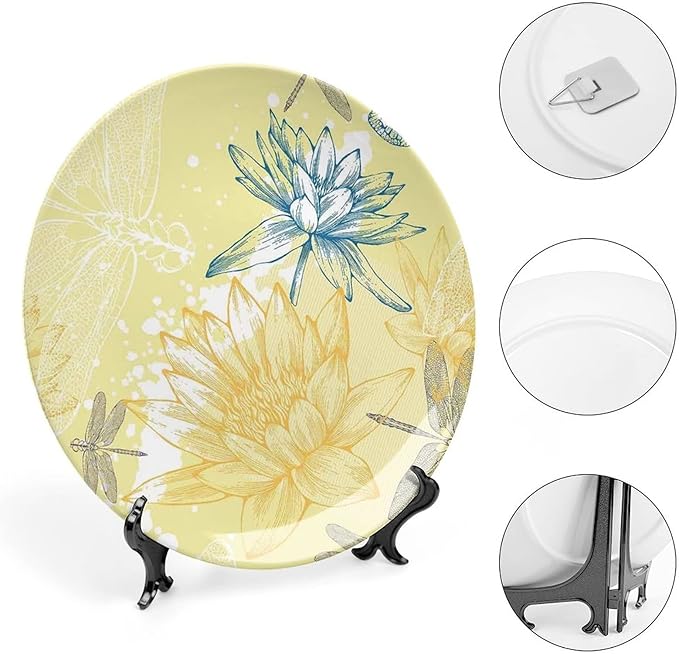 XISUNYA 7 Inch Decorative Plate, Dragonfly Porcelain Plate, Boho Style Plants and Spiritual Dragonflies Sketchy Print Ceramic Wall Hanging Decor Accessory for Dining Table Tabletop Home Decor