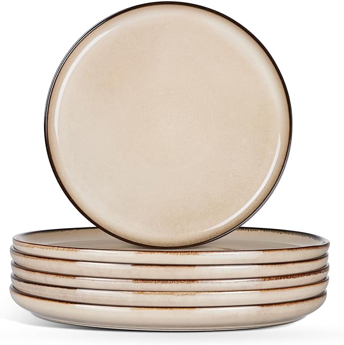 E-far 8” Ceramic Salad Plates Set of 6, Reactive Glaze Stoneware Dishes, Round Dessert Plate for Home Kitchen Restaurant, Microwave & Dishwasher Safe – Sandy Beige